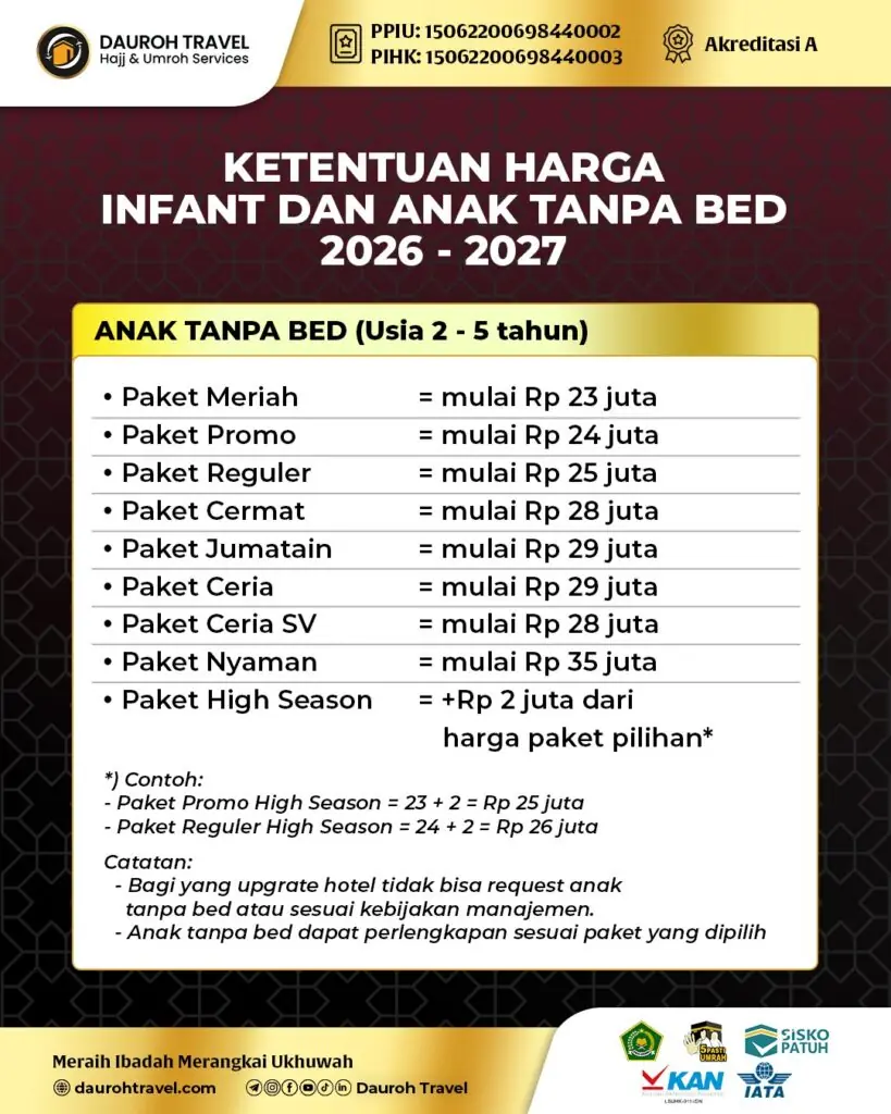 Biaya Umroh Anak Tanpa Bed 2026-2027